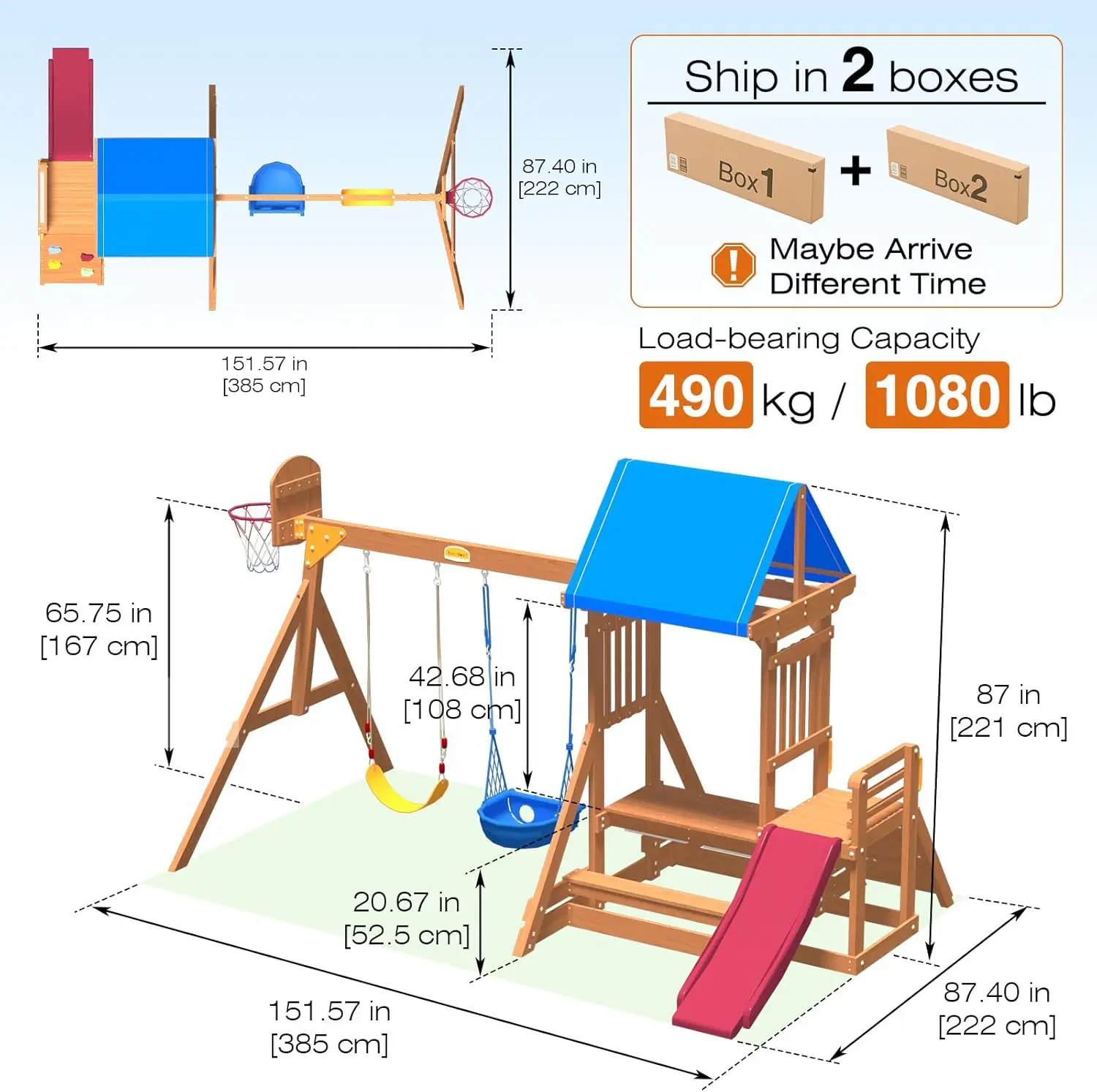 Sets for Backyard, Wooden Playground Sets for backyards with a Wave Slide, Rock Climbing Wall, 2 Swings, and More