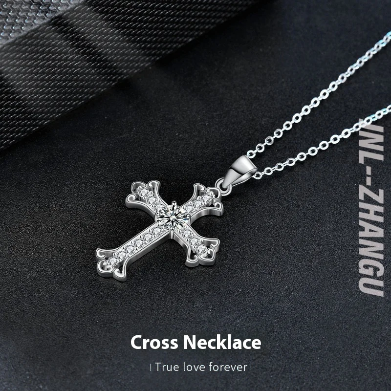 

Original925Sterling Silver Moissanite Necklace Jewelry for Women, European and American Cross Pendant Wholesale, Simple Clavicle