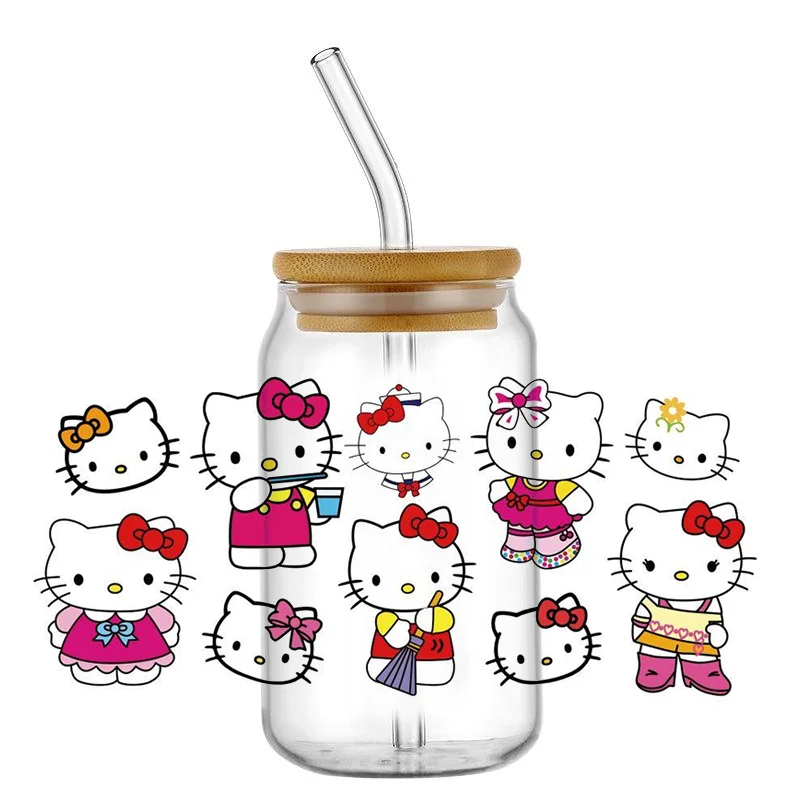 Miniso New Design Hello Kitty Kawaii For Libbey 16oz Can Glass Mug 3D Waterproof UV DTF Coffee Can Wrap Libbey Glass Wrap