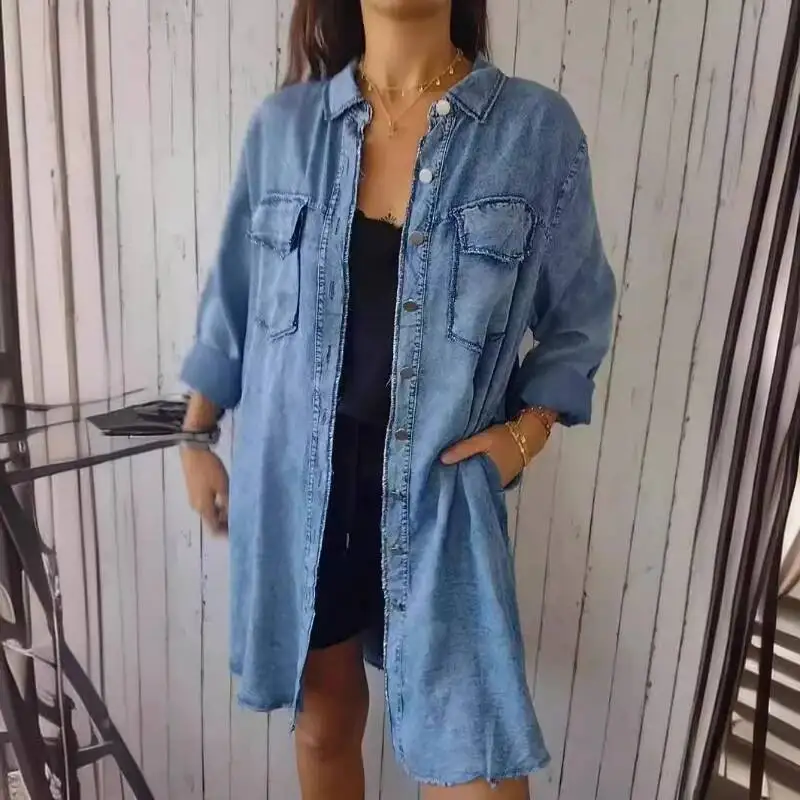 

Denim Coats Women Single Breasted Full Sleeve Jackets Pockets Turn Down Collar Casual Coat Solid Lady Spliced Summer 2025