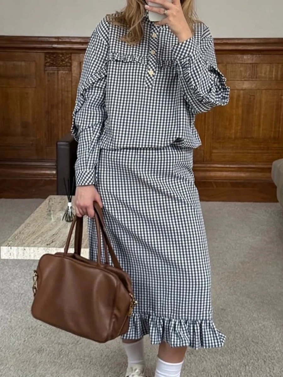 TWOTWINSTYLE Plaid Gingham Two Piece Sets for Women Lapel Frill Long Sleeve Top Ruffle Hem Midi Skirt for Korean Vacation Style