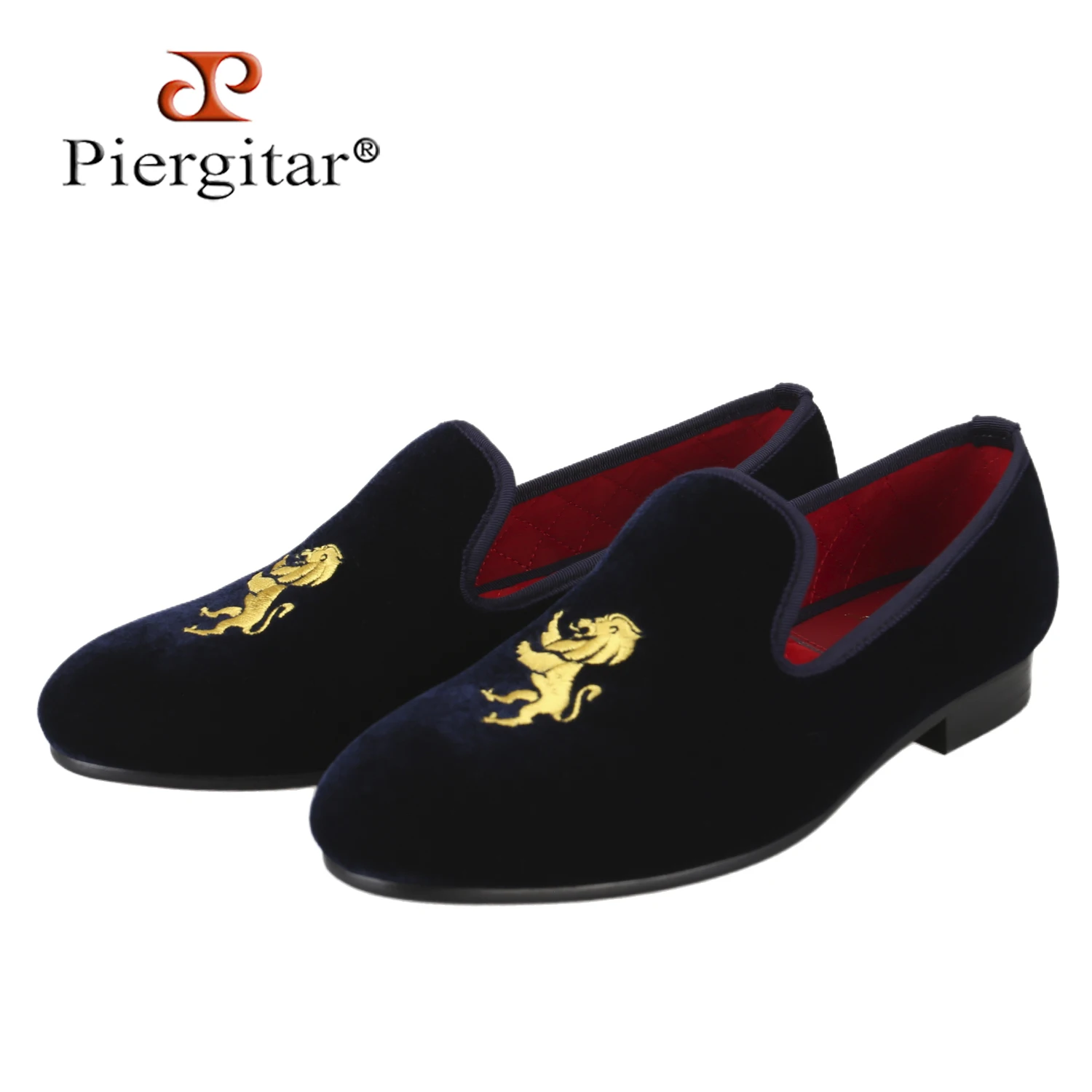 

Piergitar Navy Velvet Men's Moccasins With Gold Lion Embroidery For Party Or Wedding Wear Royal Classic Style Handmade Loafers
