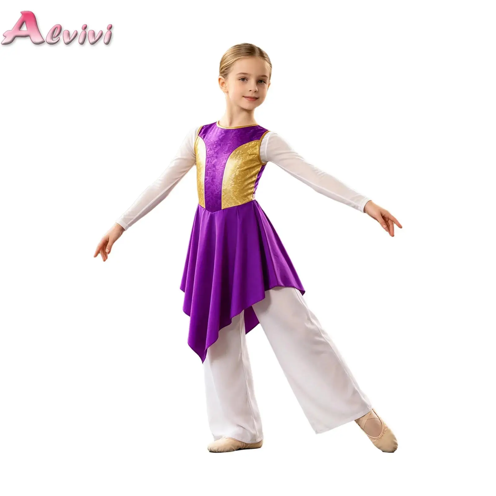 Kids Girls Praise Dance Tunic Dresses Sleeveless Color Block Metallic Bodice Asymmetrical Satin Hem Dress for Choir Church Pray