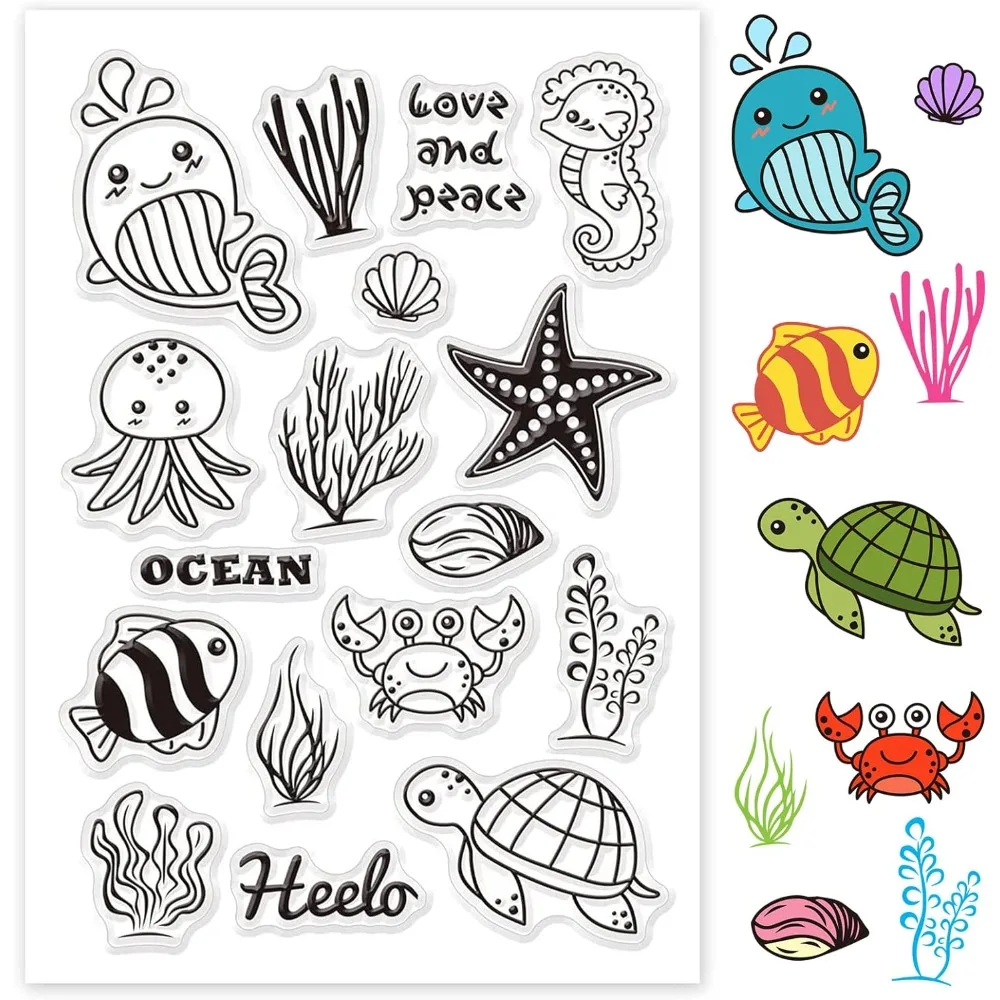 

Ocean Life Clear Stamps Octopus Whale Seahorse Fish Sea Life Silicone Stamp for Card Making Decoration and DIY Scrapbooking