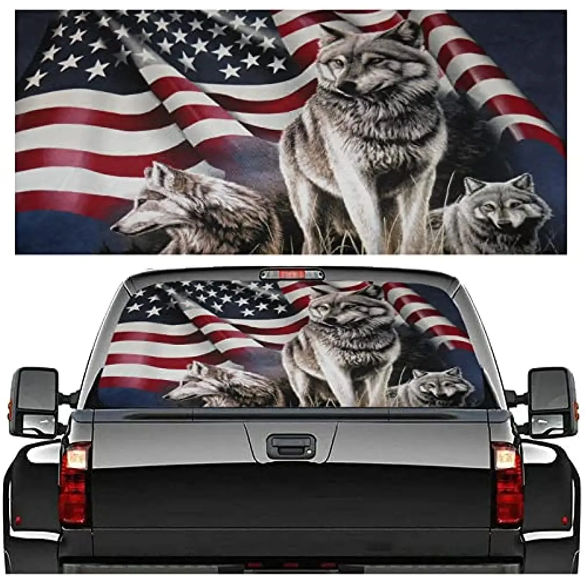 

Rear Window Truck Decal Sticker, American Flag Wolf Car Window Graphic Decal Perforated Vinyl Window Back Decal for Truck SUV Va