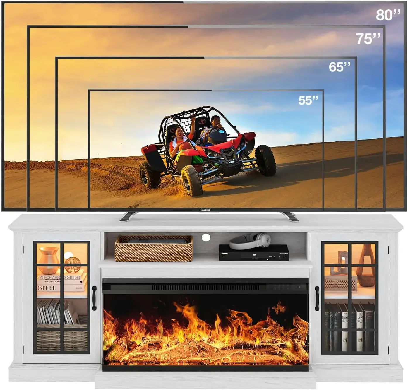 oneinmil 36 Inch 3-Sided Glass Fireplace TV Stand for TVs up to 80", Rustic Media Entertainment Center Console Table with Glass image 6