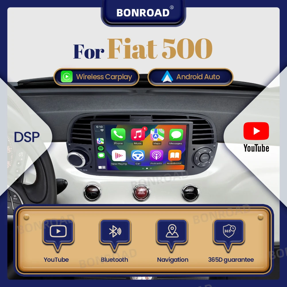 BONROAD autoradio sans fil CarPlay multimédia pour Fiat 500 500C Abarth 2007-2015 DSP avec Youtube DSP Android Auto écran tactile