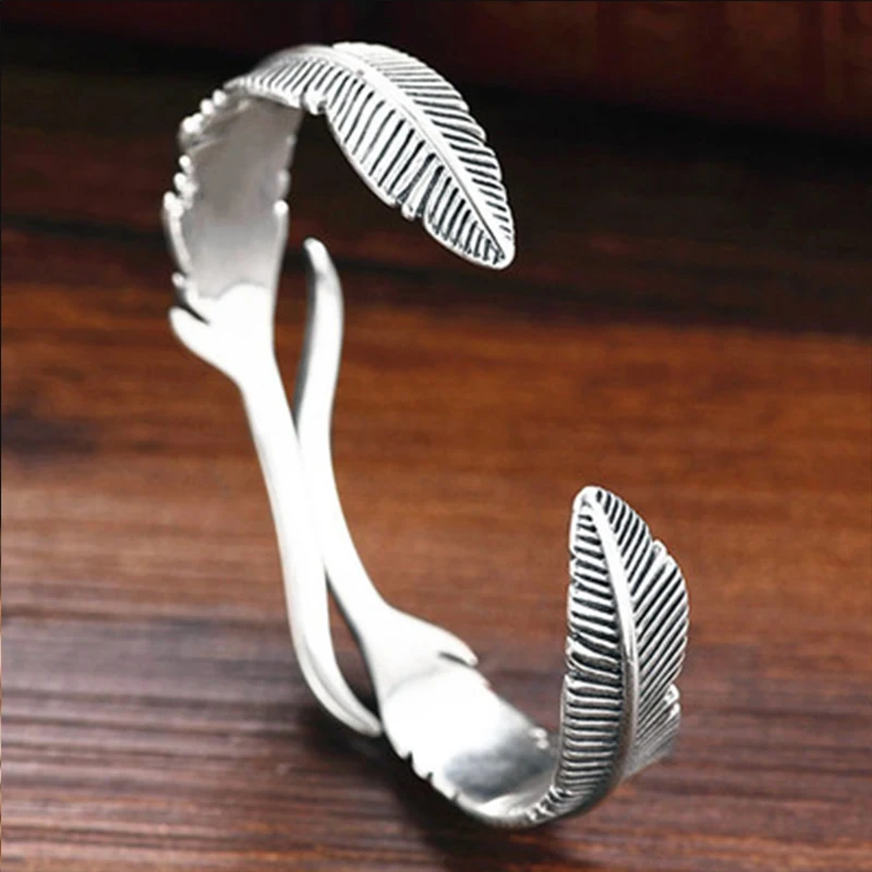 PANJBJ 925 Sterling Silver Feather Adjustable Couple Bangle Gothic Punk Design Women Jewelry Gift Lucky Bracelet Dropshipping