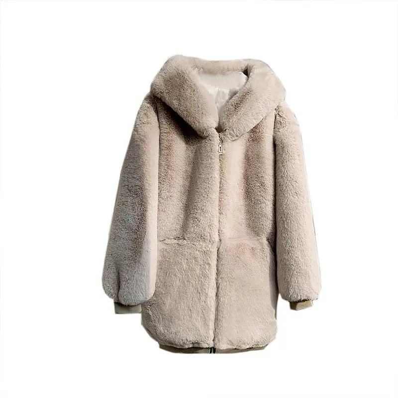 Manteau à capuche en fausse fourrure de lapin pour femme, avec fermeture éclair, ample, Version coréenne, en peluche, automne hiver 2022