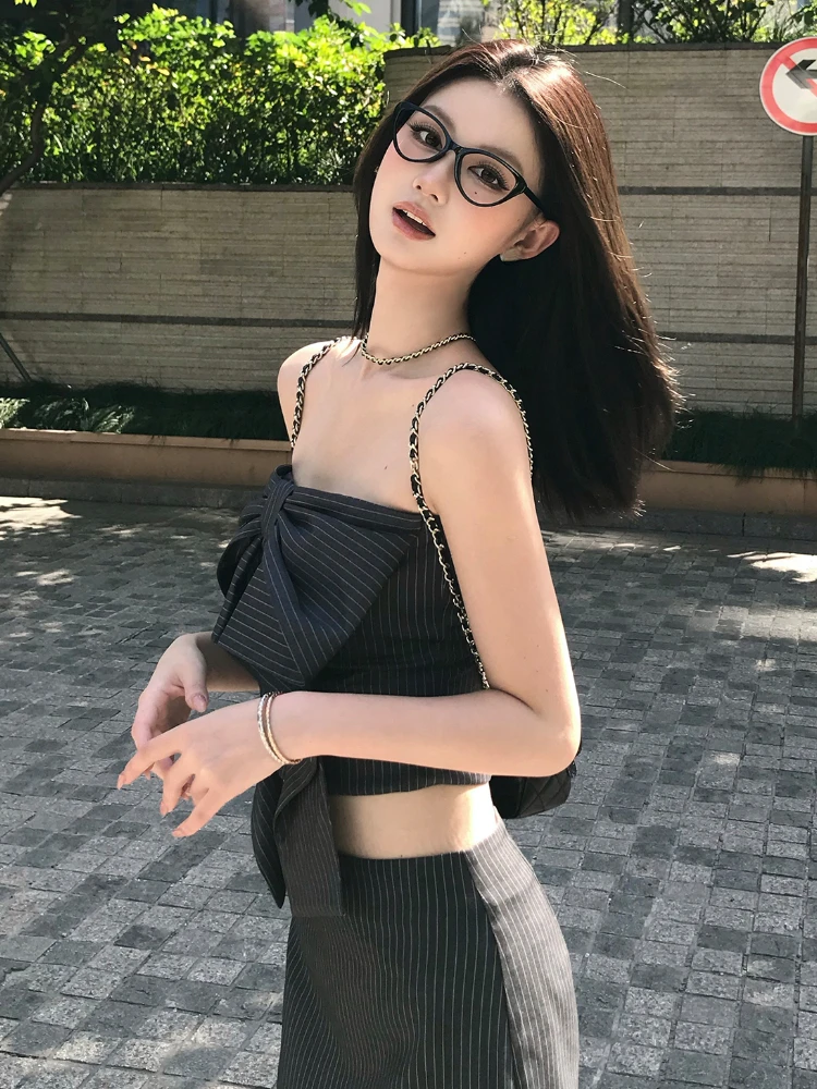 2024 Women Harajuku Y2k Elegant Skirt Sets Striped Two Piece Suit Vintage Sleeveless Crop Tops A-Line Slim Y2k Mini Skirt 2000s