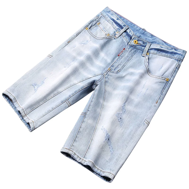 Summer Trendy Fashion Men Jeans Retro Light Blue Spliced Designer Elastic Ripped Short Jeans Vintage Casual Denim Shorts Men