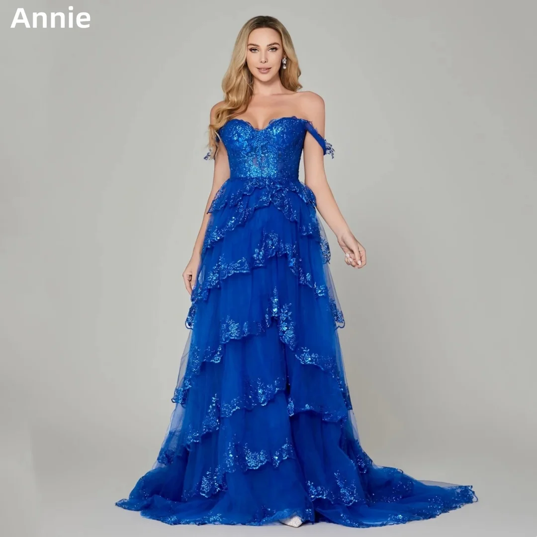 Annie Blue Wedding Dress Embroidered Sequined Tulle Layering Prom Dresses Off-shoulder Elegant Lady Bespoke Occasion Dresses