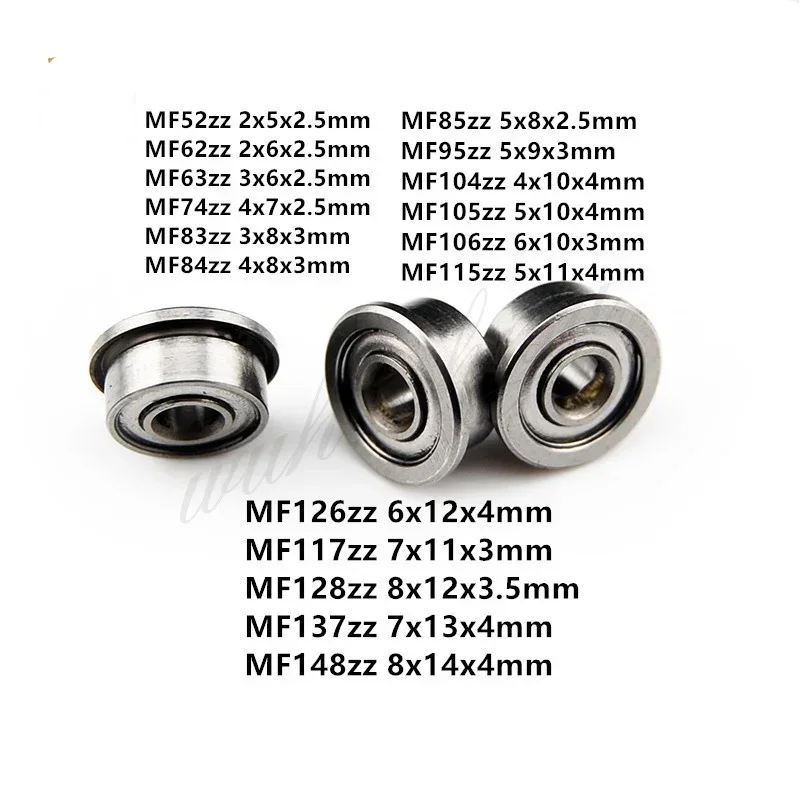 10pcs Miniature Flange Bearing MF52ZZ MF62ZZ MF63ZZ MF74ZZ MF83ZZ MF84ZZ To MF148ZZ  Thin Wall Metal Shielded Flanged Bearings