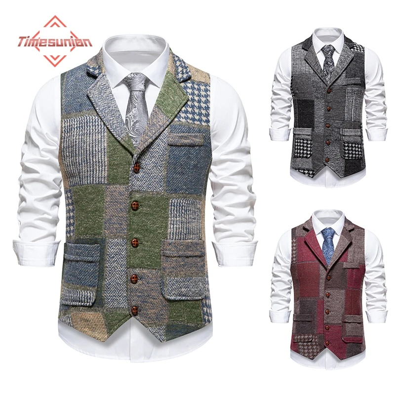 

Men's Retro Lapel Patchwork Pockets Suit Vest British Casual Vintage Gentleman Party Outerwear Sleeveless Vest
