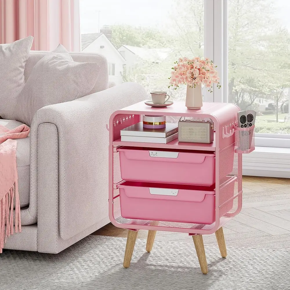 Compact Pink Storage Nightstand for Kids, Bedroom, Dorm, and Office Use