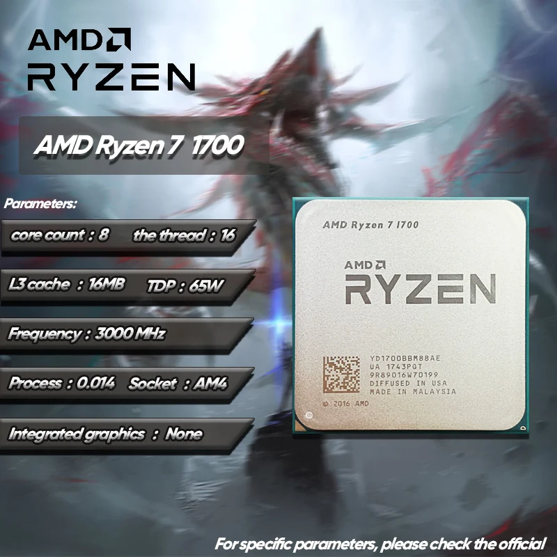 AMD Ryzen 7 1700 R7 1700 3.0 GHz Used GAMING Zen 0.014 Eight-Core Sixteen-Thread CPU  65W YD1700BBM88AE Socket AM4