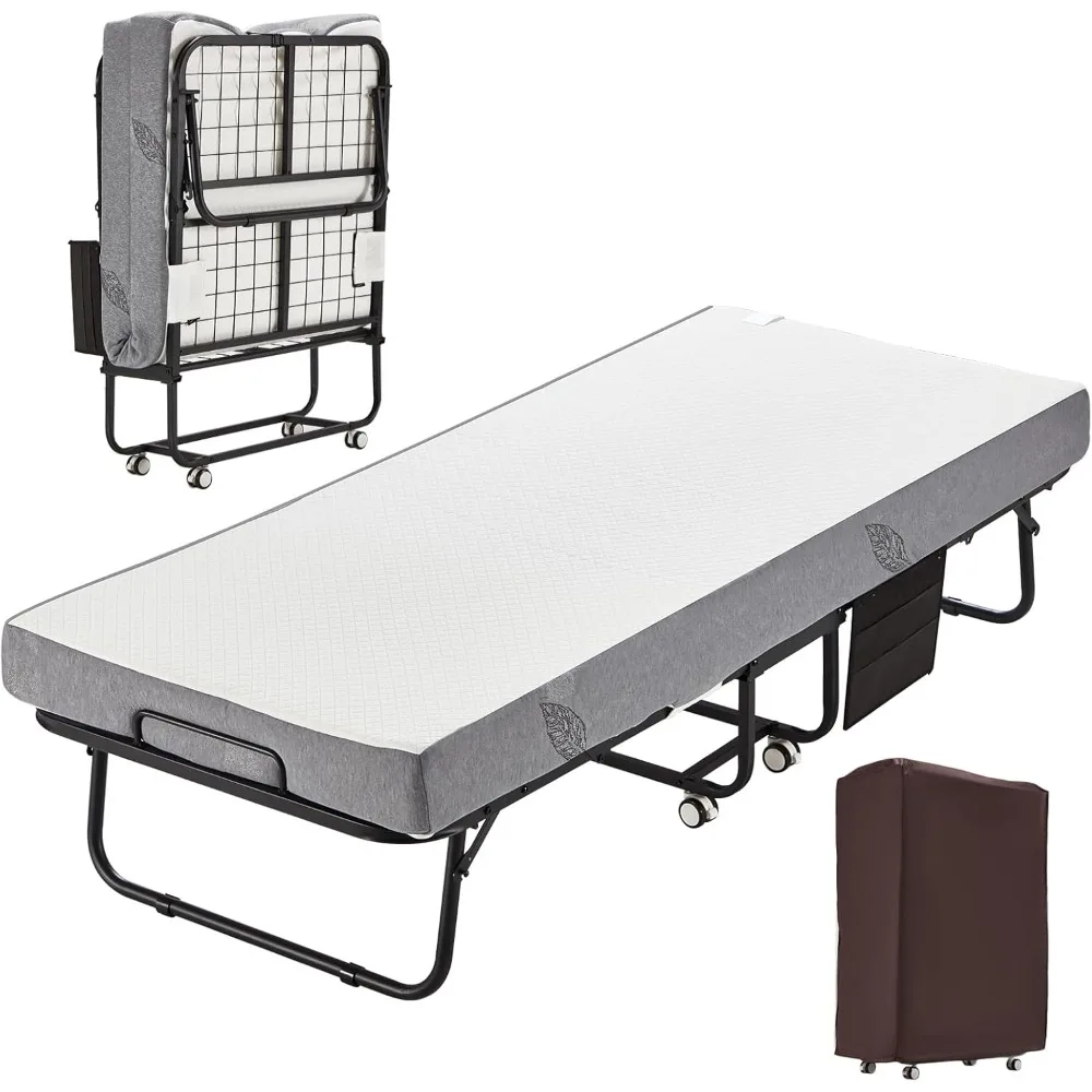 Rollaway Guest Bed for Adults with 5 Inch Foam Mattress,Single Cot Size Foldable Bed with Metal Frame&Beds Side Pocket,75” x 31”