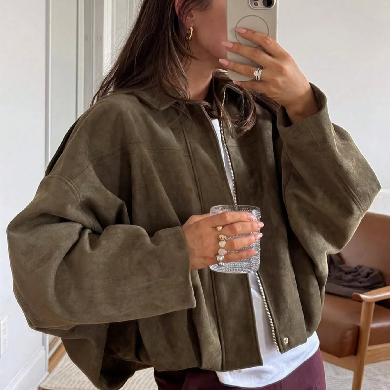 

Women Casual Coats Y2k Short Jacket Suede Leather Zipper Batwing Sleeve Spliced Turn Down Collar Loose Street Wear 2025 Autumn