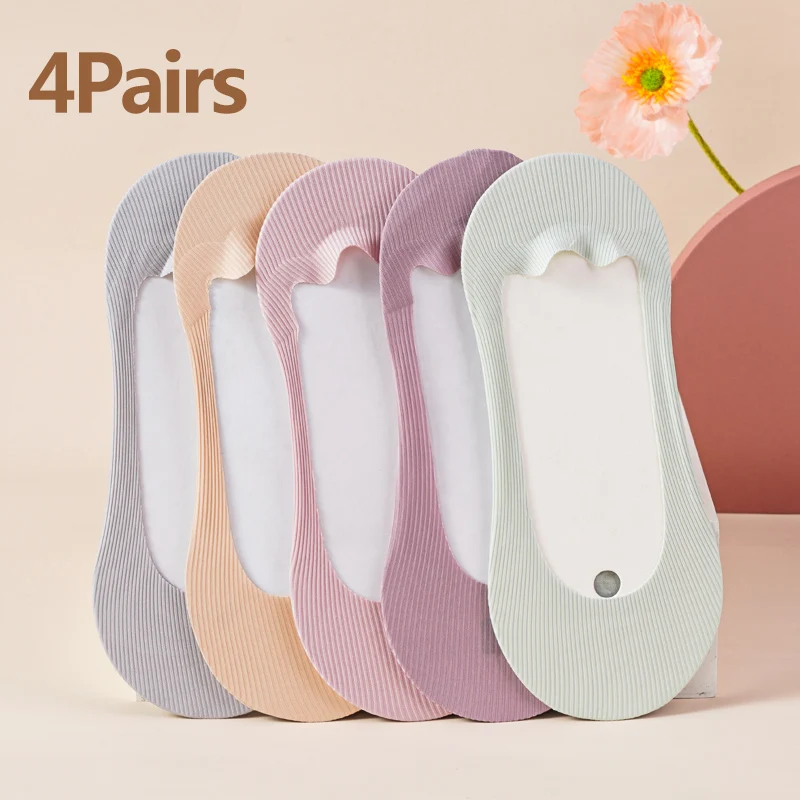 4 Pairs Women Summer Thin Sock Slippers Silicone Antiskid Ice Silk Crew Socks Seamless Invisible Girls Solid Boat Socks Korea