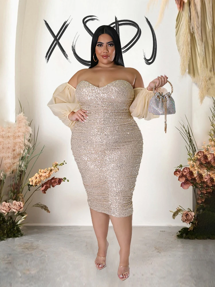 Plus Size Party Dress with Sequins Evening Bodycon Strapless Dress Night Sexy Tight Long Sleeve Dress Free Shipping Wholesale