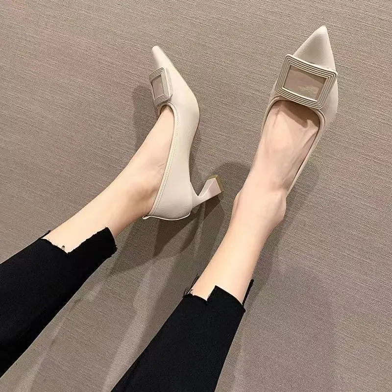 Ladies Summer Footwear Pointed Toe Shoes for Women 2024 Pumps Black Square Heels High Office on Heeled Fashion Elegant Dress Y2k