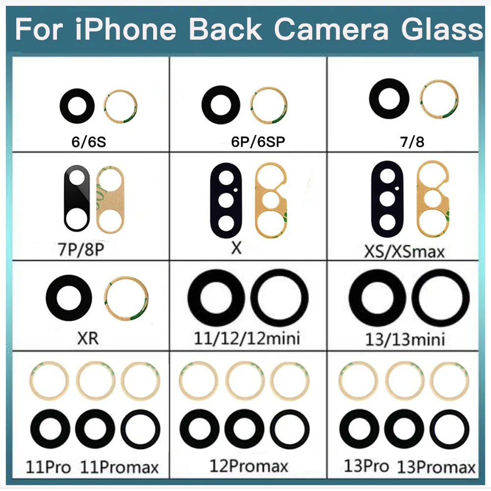 Rear Back Camera Lens Glass For iPhone 7 7P 8 Plus X XR XS XSMax 11 12 13 Mini Pro Max Cover With Adhesive Replacement Parts