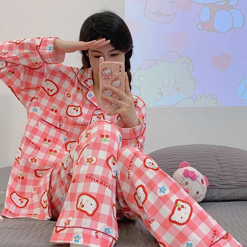 

Spring suit cartoon cute loungewear Hello Kitty pajamas casual comfortable plaid loungewear Sanrio sweet cool pajamas