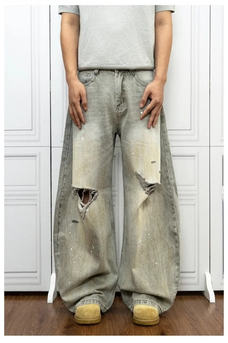 

Винтажные мужские мешковатые джинсы, повседневные брюки, уличная одежда, широкие свободные рваные джинсовые брюки, модные потертые прямые брюки-карго