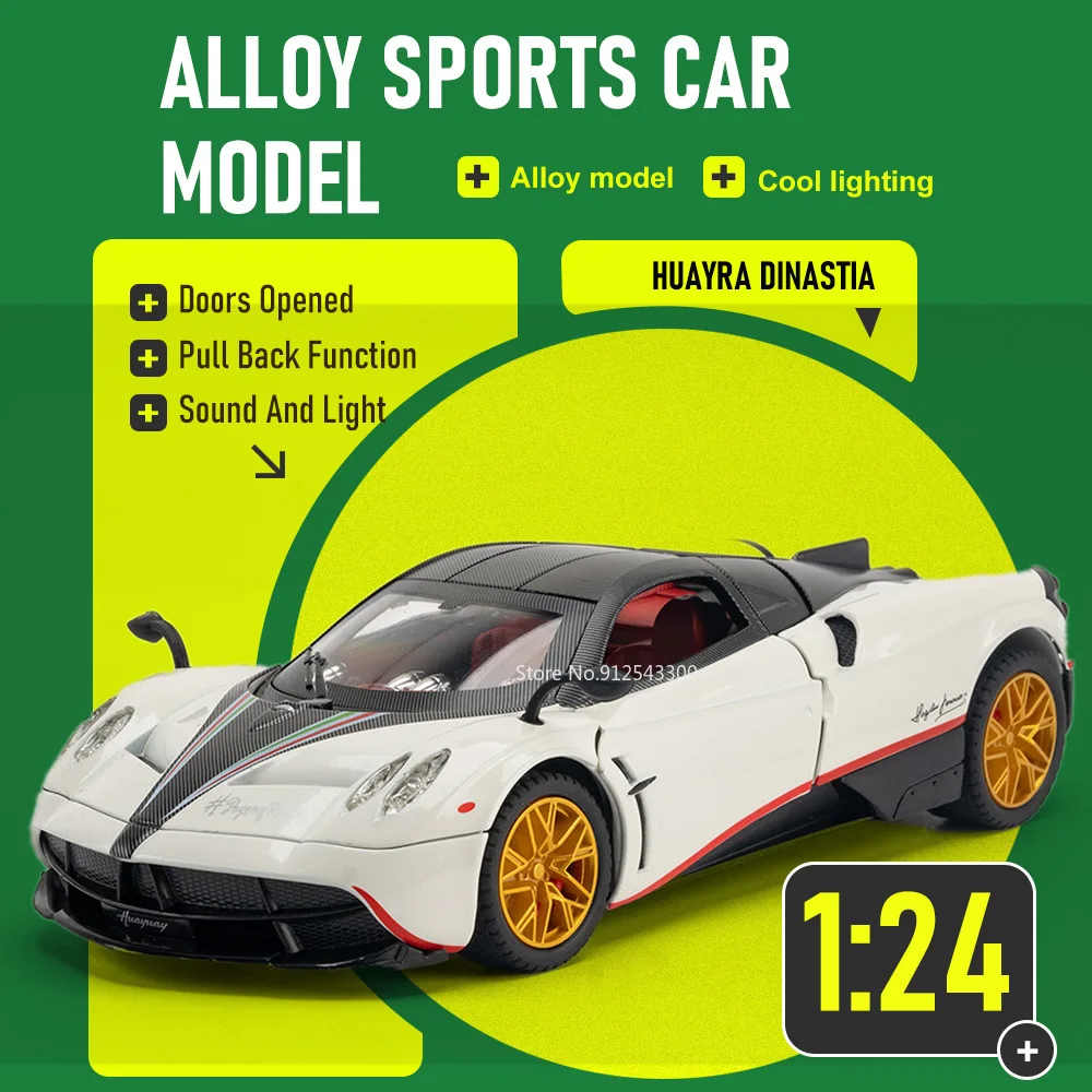 

1:24 Huayra Dinastia Electroplated Version Car Model Toy Sound Light Models Shock Absorption Pull Back Cars Hobby Decoration