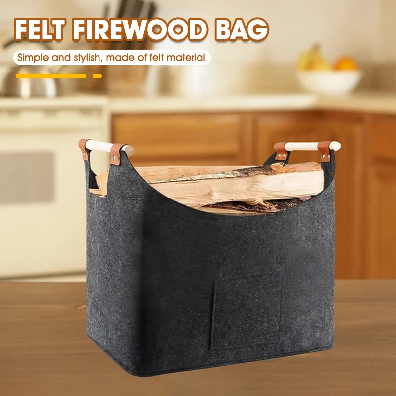 1pc Dark Grey Extra Large Foldable Felt Firewood Basket, Heavy Duty with Reinforced Handles - Multi-use Storage