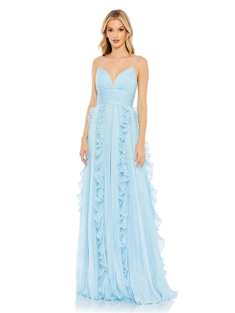 

New Arrival Sweetheart Neckline With Thin Straps Chiffon Evening Dress Open Back Zipper Floor Length Sweep Train Gown For Women