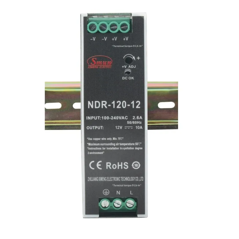 Din Rail Switching Power Supply 75W 120W 240W 480W 12V 24V 48V SMUN NDR Series CE RoHS Industrial Control PLC