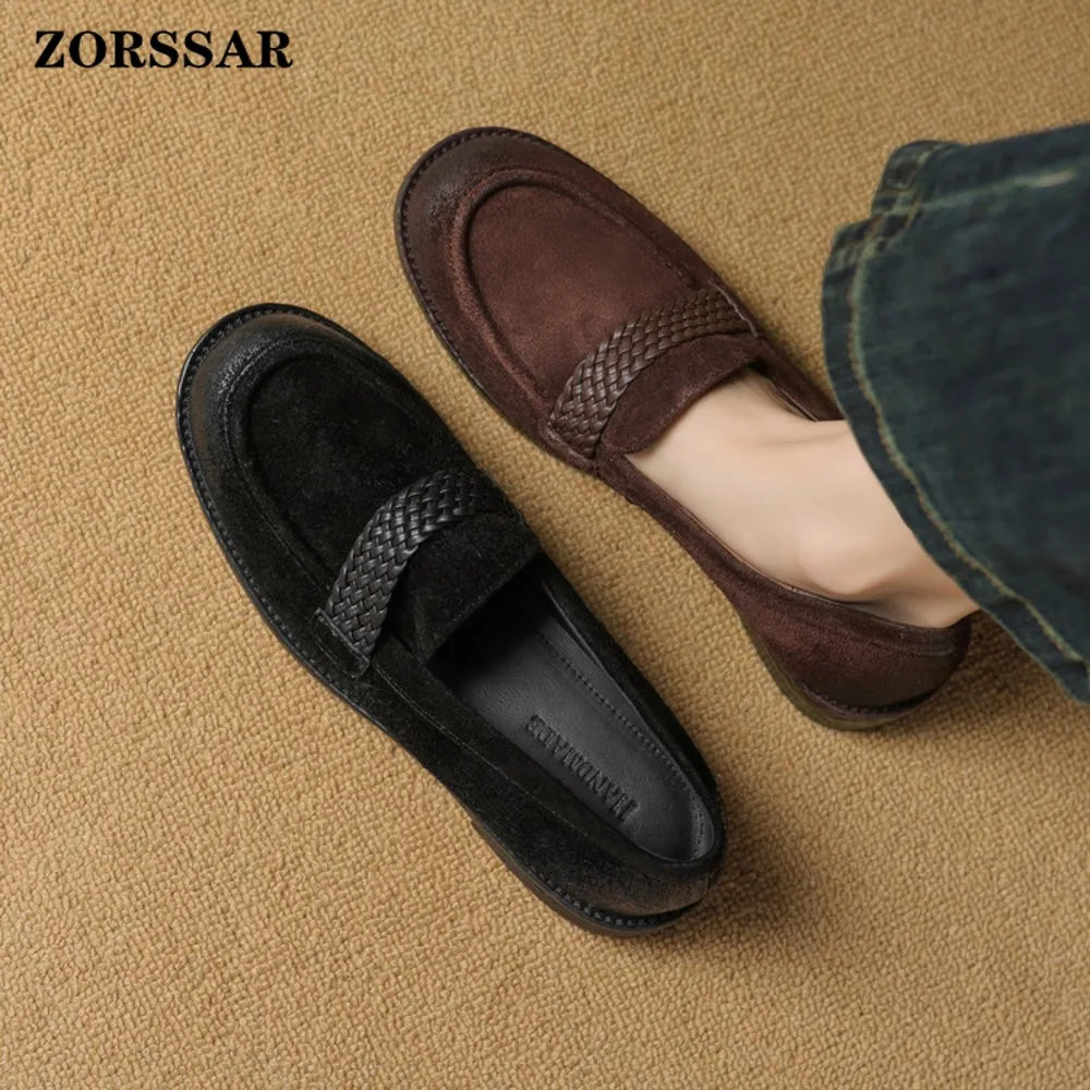 

Spring Autumn Retro Female Loafers 2026 New Style Roman Flat Heel Comfortable Versatile Slip on Kid Suede Leather Women Flats