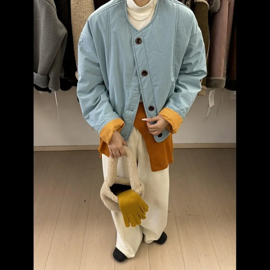 여성용 퀼팅 재킷 한국 스타일 라운드 넥 싱글 브레스티드 따뜻한 면 외투 트렌디한 가을 겨울 패션