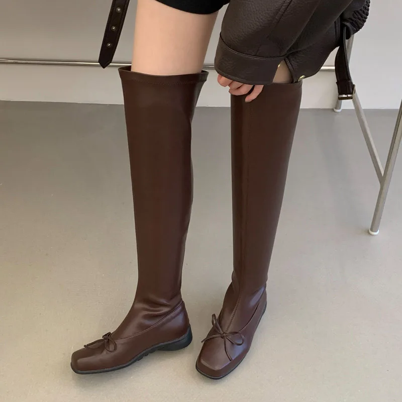 Aneikeh Women Sweet Brown Over The Knee Boots Square Toe Bow Decor Flat Sole Elastic Shaft Casual Autumn Winter Dating Boots