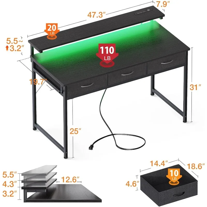 48 Inch Computer Desk with 3 Drawers and USB Power Outlets, Home Office Desks with LED Lights and Adjustable Monitor Stand