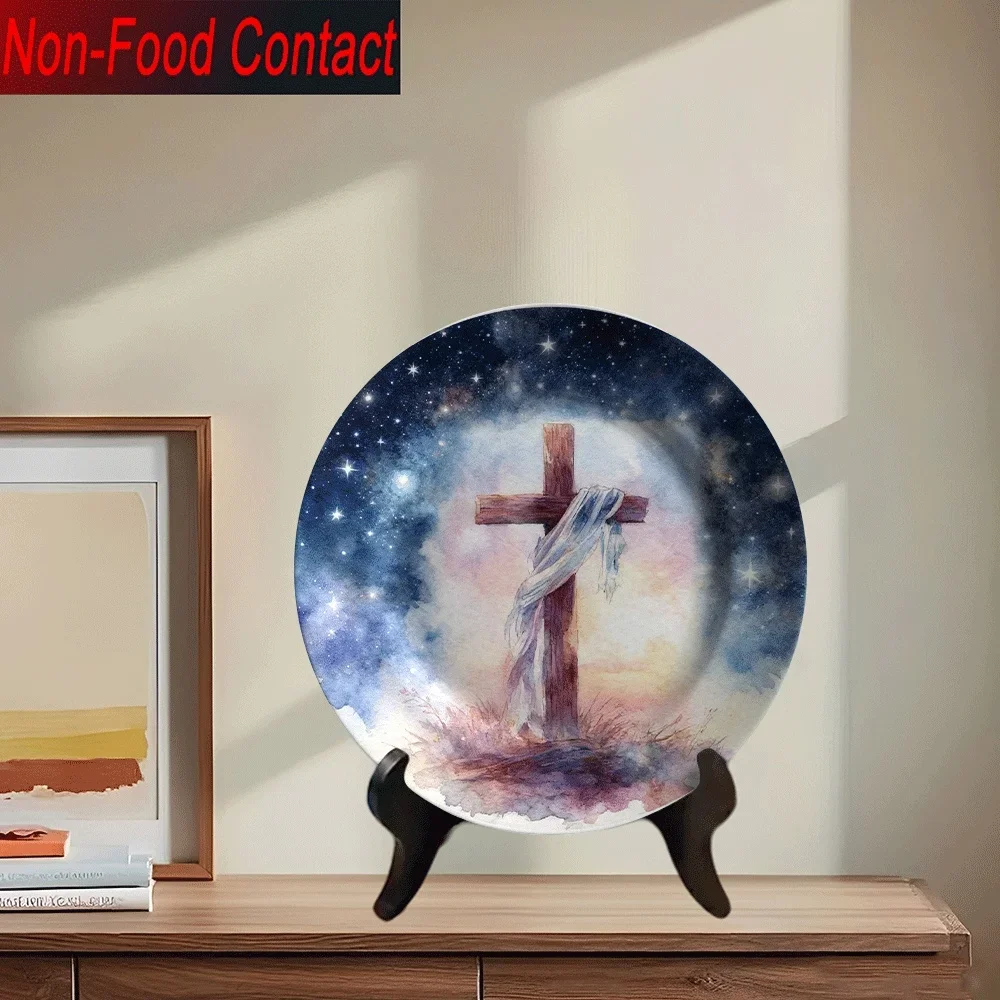 1pc Ceramic Decorative Plate with Starry Night Sky & Cross Design - Non-Food Contact Tabletop Art for Home, Office, Living