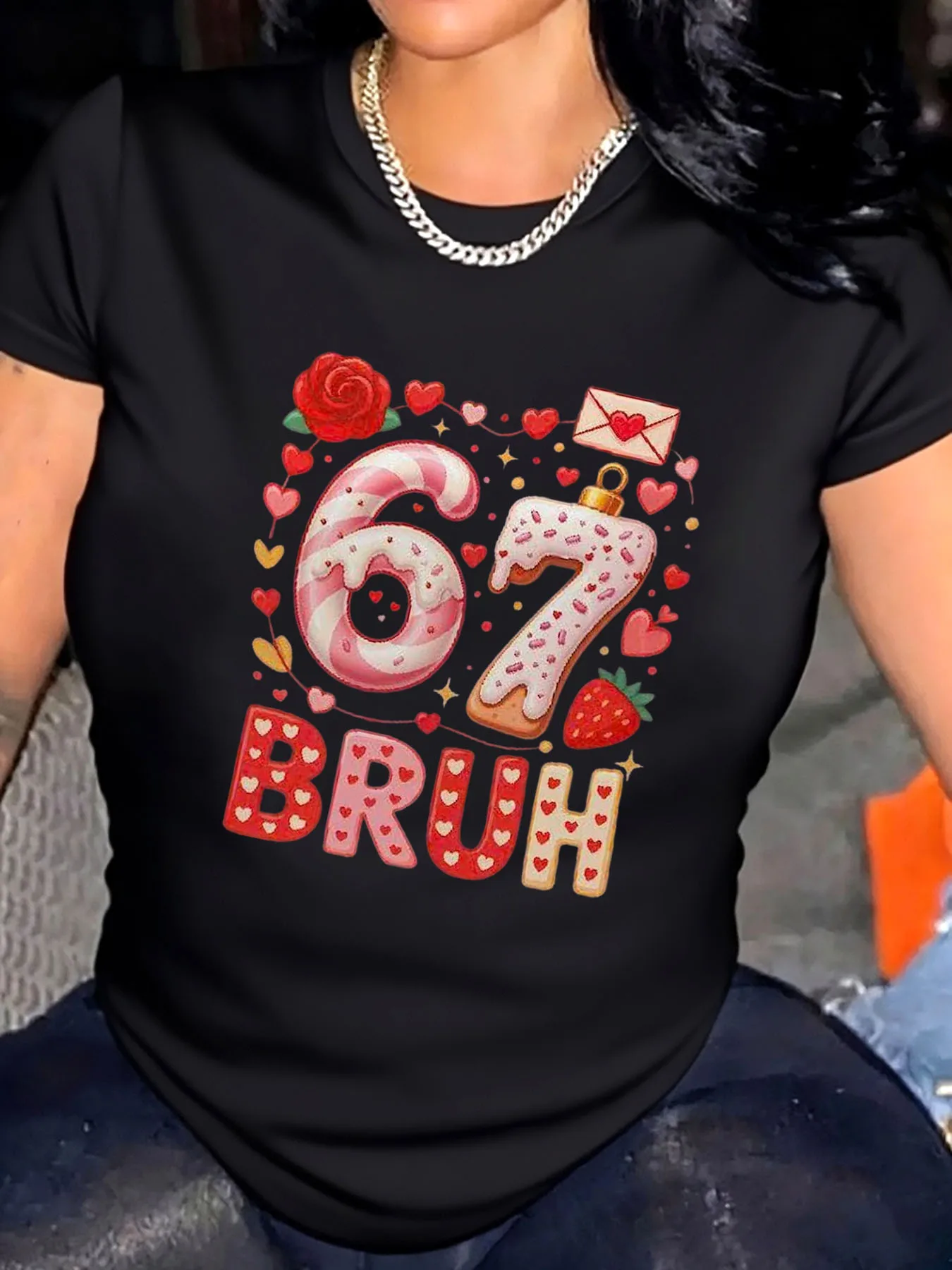 

Женская футболка больших размеров на день рождения 67, Bruh, пончик, сердечки, клубничный принт, уличная повседневная одежда