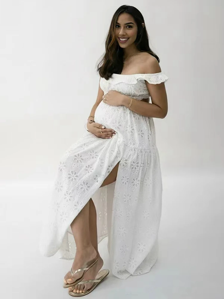 

White Boho Maternity Dress Beach Photoshoot Maxi Gown Elegant Pregnancy Outfit Baby Shower Photography Clothing for Women