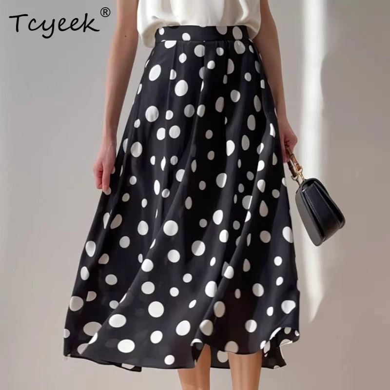 

Tcyeek 100% Real Silk Skirts for Women 2026 Summer Elastic Waist Classic Dotted Black Skirt Female Clothing Faldones Para Mujer