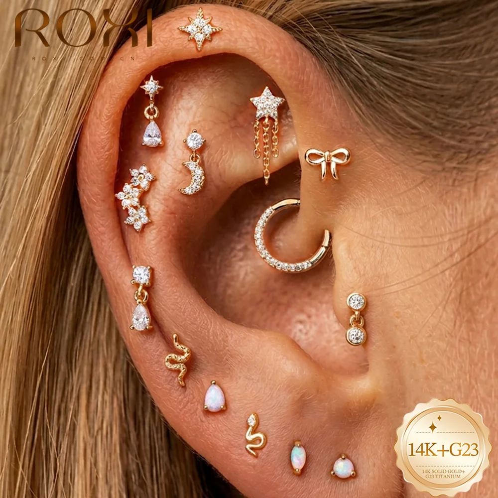 ROXI 1PC 5/6/8mm 14K Solid Gold Exquisite Bezel Set CZ Hypoallergenic Flat Back Piercing Stud Jewelry For Women Fashion Wear