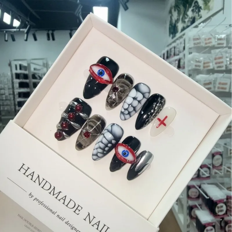

10Pcs Handmade Press on Nails Punk Dark Style Halloween False Nails with Red Eyeball Design Almond False Nail Tips