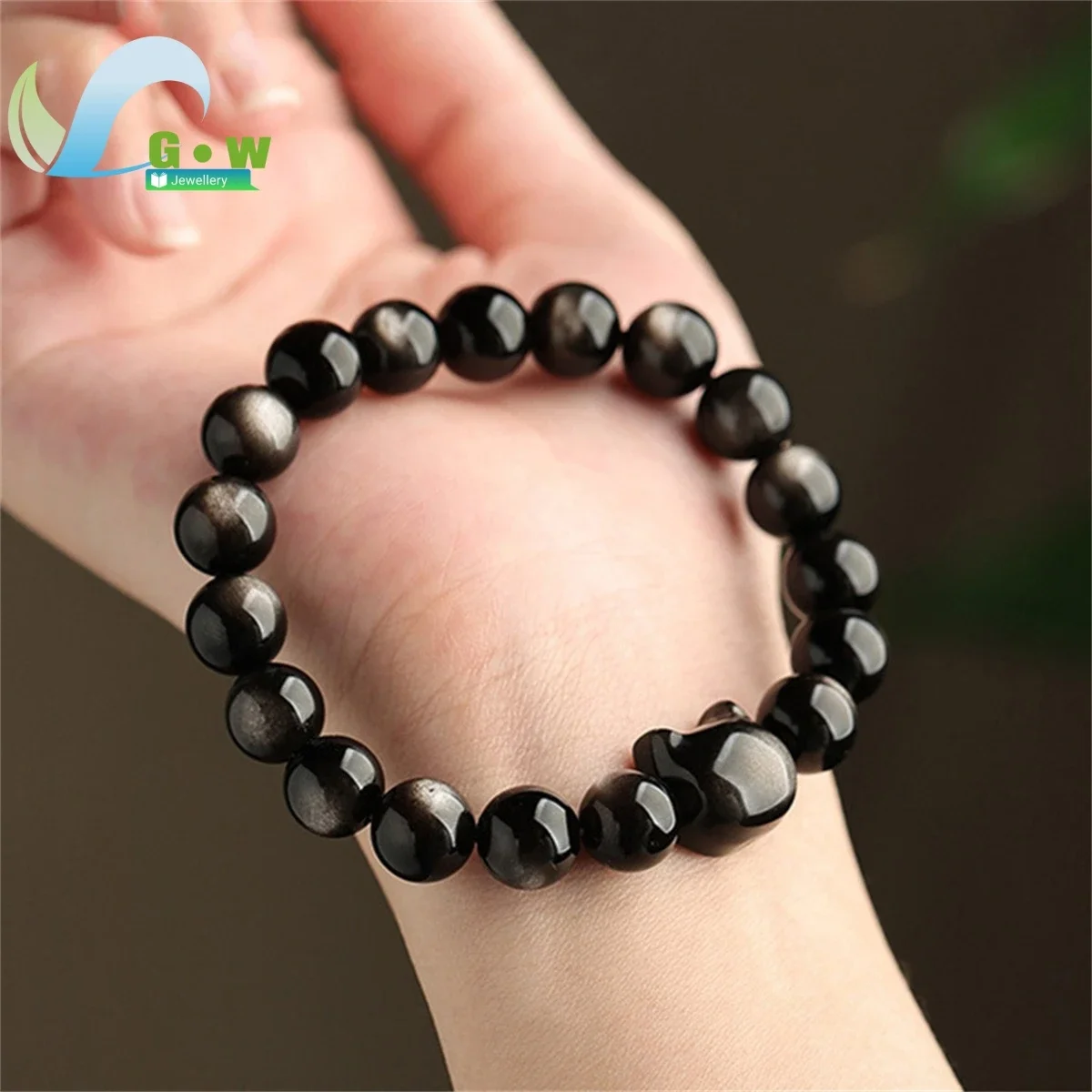 Natural Stone Obsidian Bracelet with Gold Silver Cat Head Beads - Hand Carved Luxury Jewelry for Men/Women Wealth Amulet Unisex