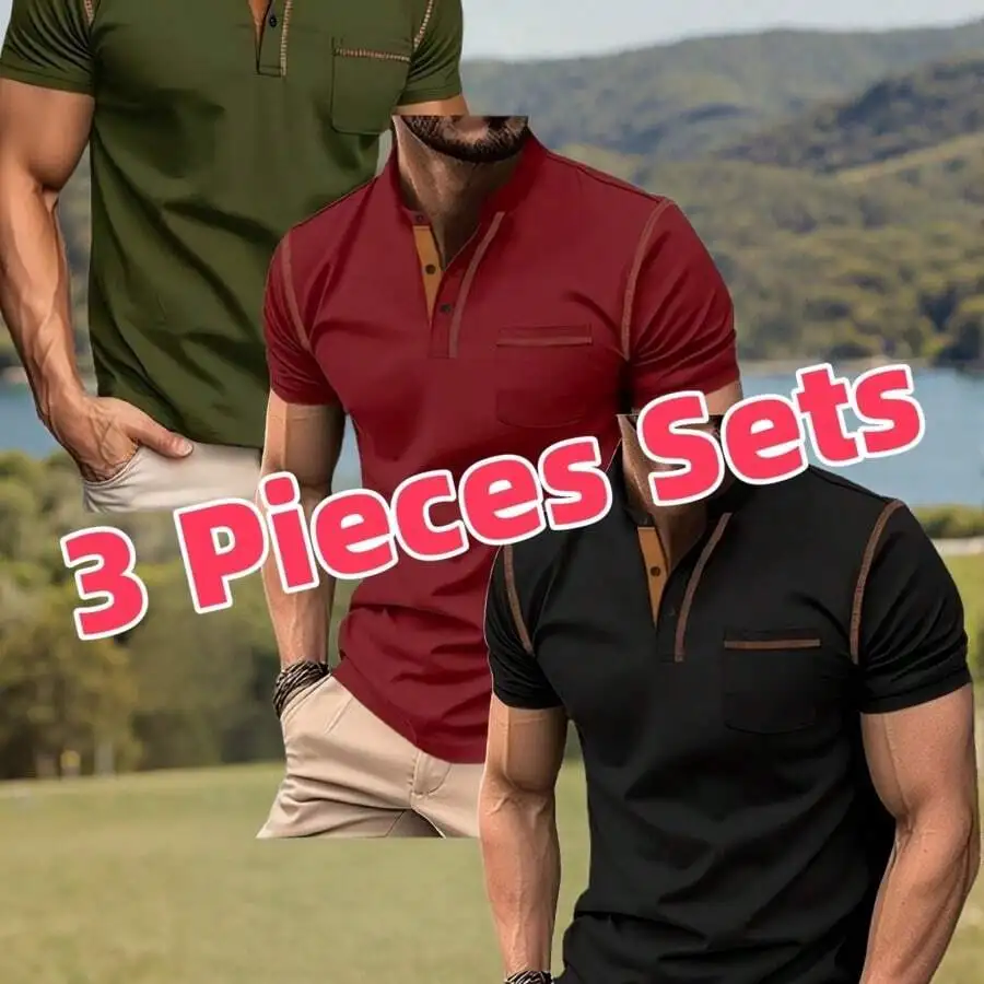 

3 Pieces Mens Short Sleeve Collared Shirts Casual Athletic Golf Tops