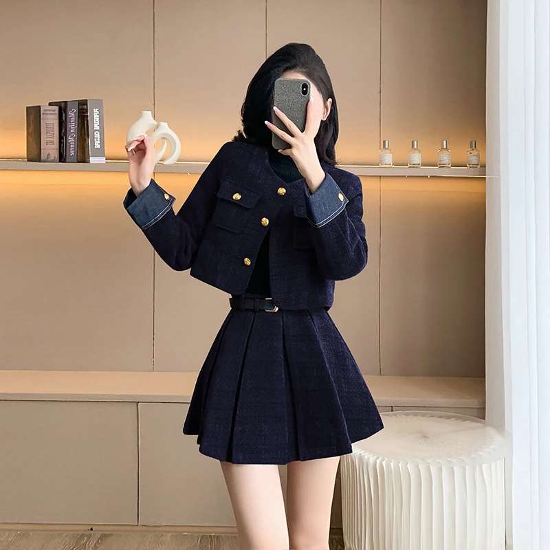 Luxury Korean Fashion Vintage Women Autumn Winter Tweed 2 Piece Set Short Coat Outwer+Casual Party Mini Skirts Sets