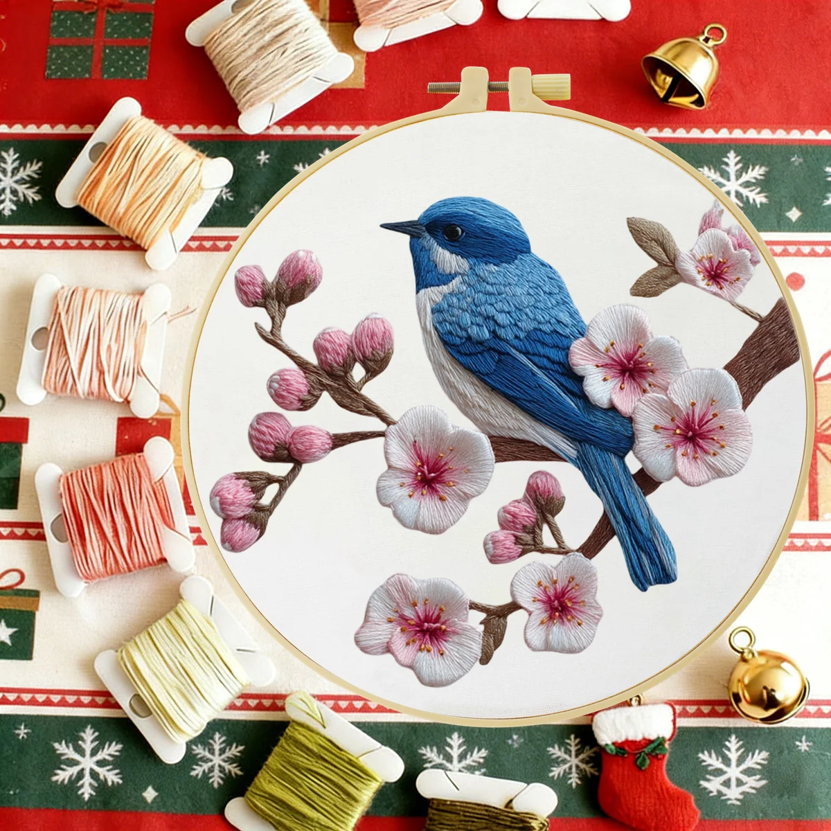 1pc 20X20CM/15X15CM Blue birds and peach blossoms Embroidery Starter Kit DIY Cross Stitch Sewing Art for Gift