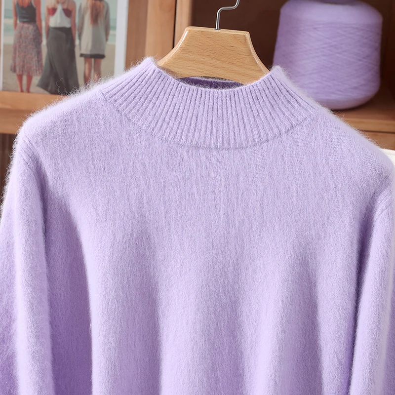 Fall/Winter Semi-High-Necked Mink Cashmere Sweater Women's Loose Pullover Wool Knitted Bottoming Shirt