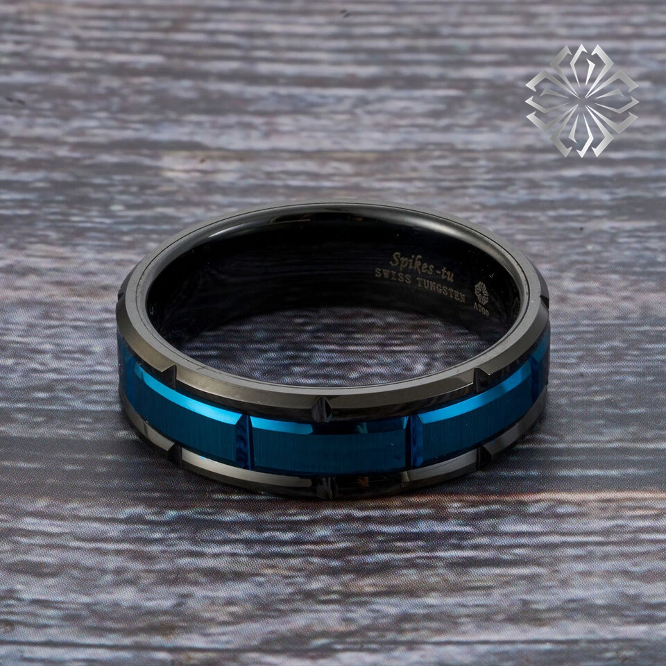 حلقة تنجستن مركز الأخدود بنمط الطوب ، تشطيب ناعم ، أزرق وأسود ، 8 من السطح #3
