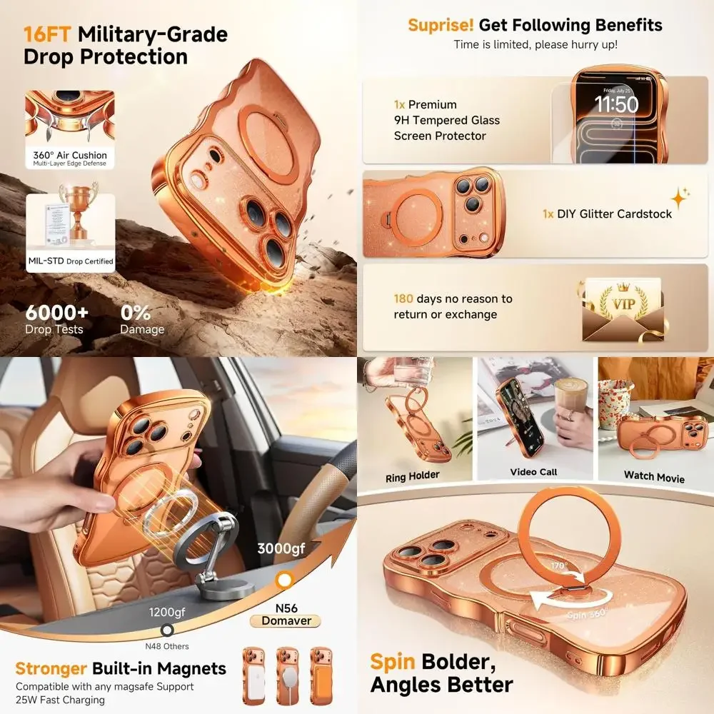 

Чехол 3 в 1 для iPhone 17 Pro Max с 360 ° Магнитная подставка Spin, 1 блестящий картон «сделай сам» + 1 защитная пленка для экрана, [подходит для Magsafe]