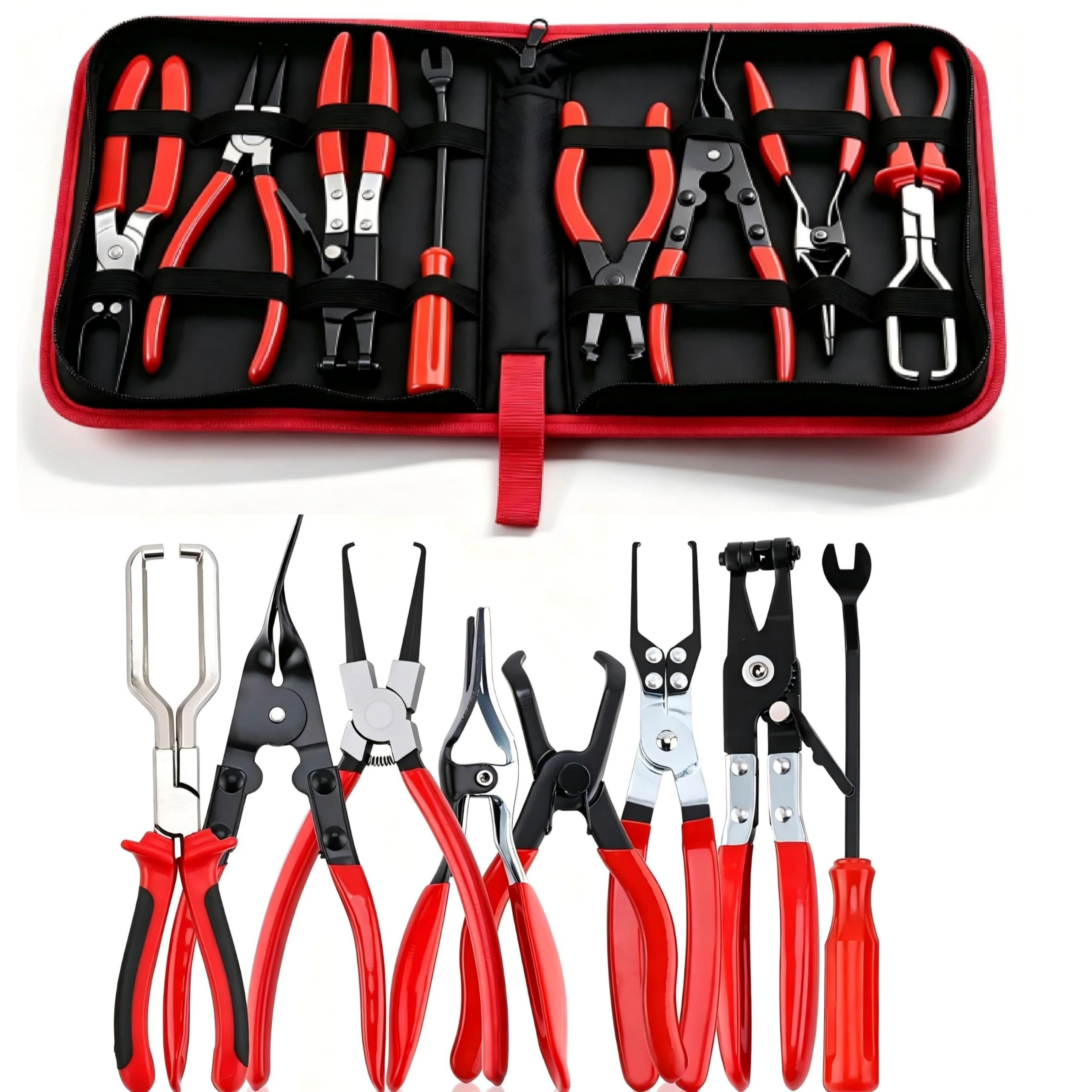 8Pcs Auto Hose Clip Removal Pliers Set, Car Fuel Filter Relay Puller Panel Trim Push Pin Pliers, Automotive Water Pipe Spring Clamp Disassembly Repair Tool Kit with Storage Bag